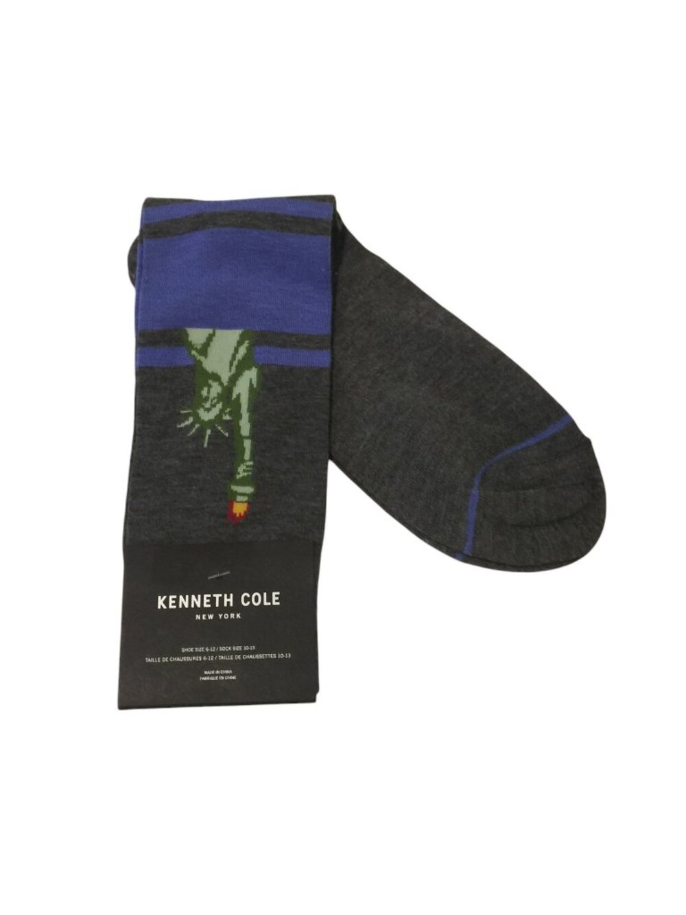 Kenneth Cole New York Mens Crew Socks Size 6-12 Statue of Liberty Light Gray Blu